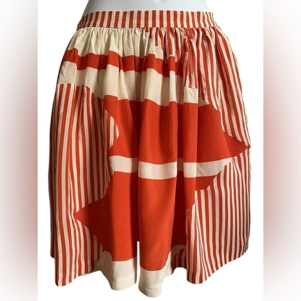 Twinkle by Wenlan Women's Size 6 A-Line Skirt Orange Cream Stripes Zip Side Silk